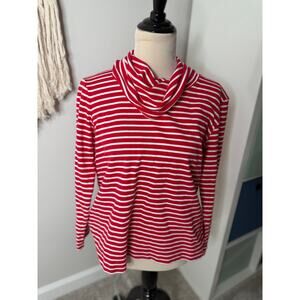 Women's Red White Stripe Cowl Neck 100% Cotton Long-sleeved Shirt Top L Holiday